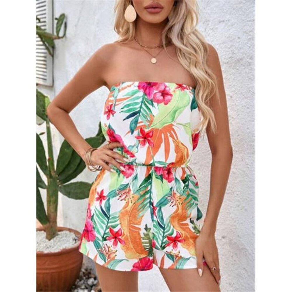 Tropical Print Strapless Elastic Waist Romper